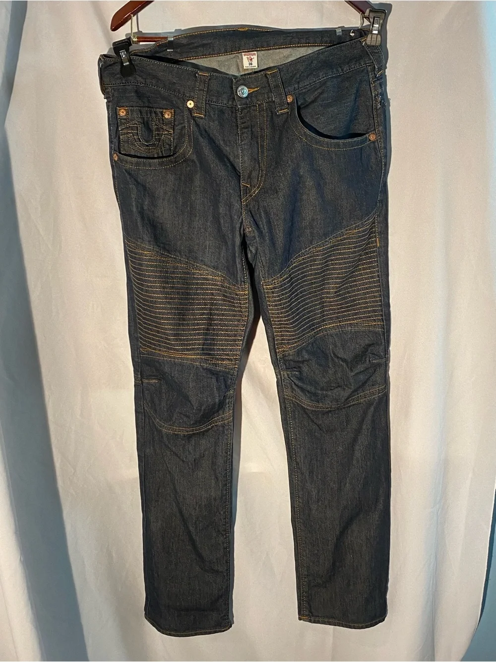 True Religion Men's Navy Straight Jeans with Knee Stitch Panels
